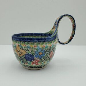 Polish Pottery Floral Loop Handle Bowl Multicolor Handled Soup Chili Bowl